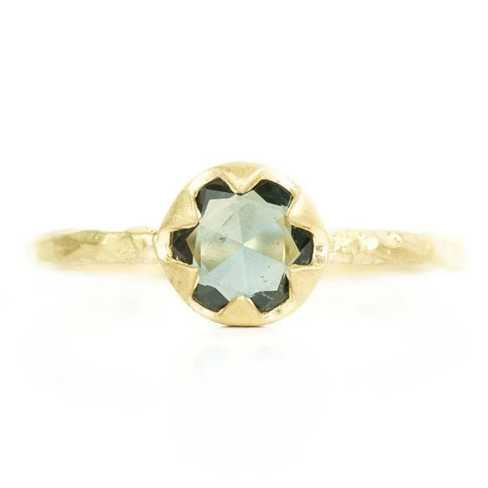 0.74ct Rosecut Teal Green Sapphire in 6 Prong 18k Yellow Gold Low Profile Evergreen Setting