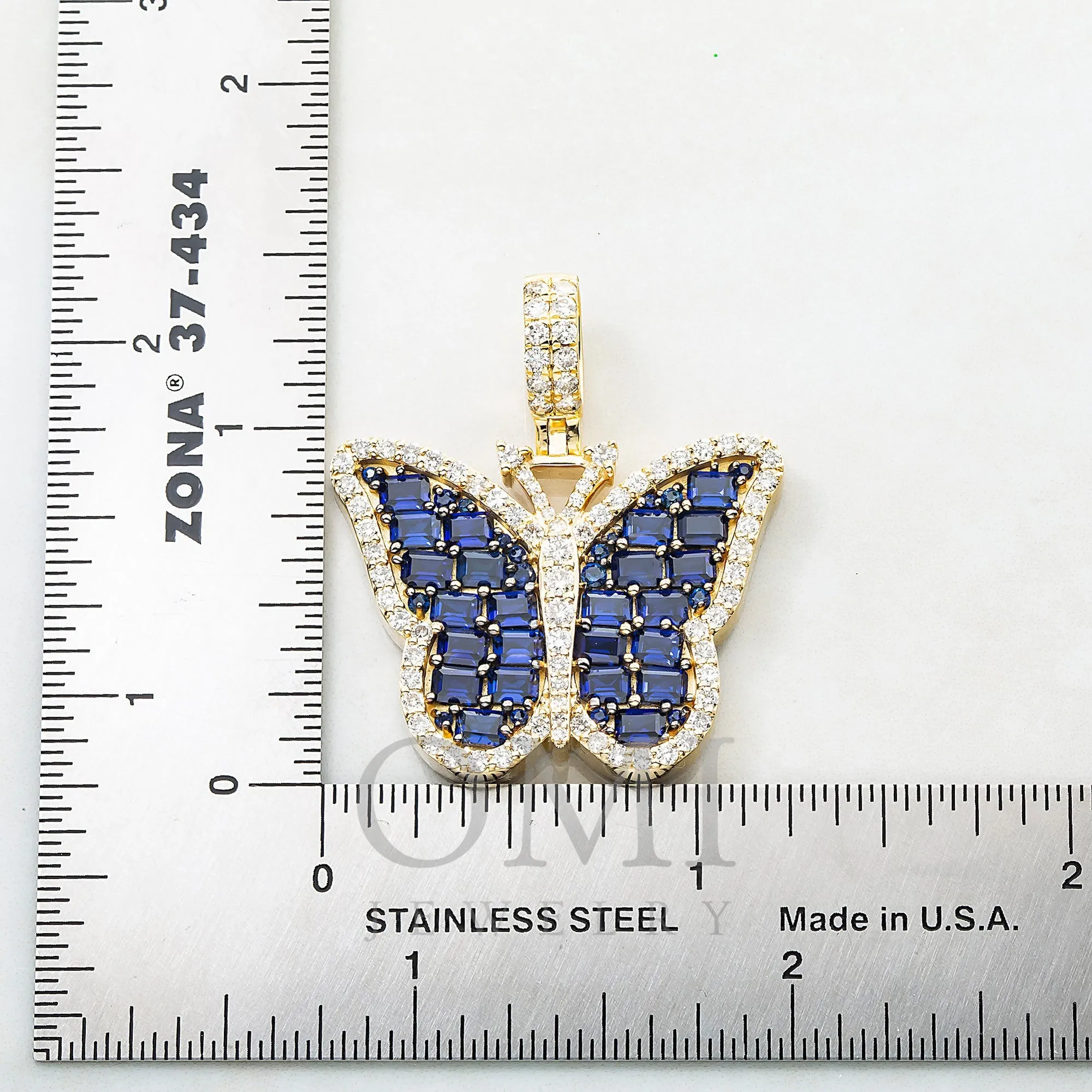 14K GOLD ROUND DIAMOND AND SAPPHIRE GEMSTONE BUTTERFLY PENDANT 5.15 CTW