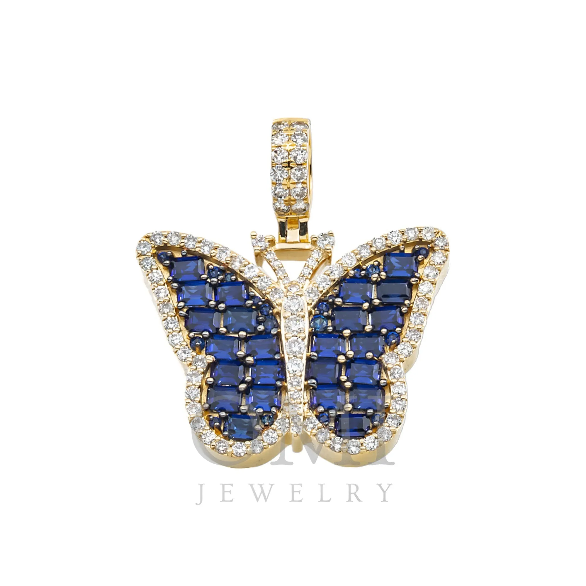 14K GOLD ROUND DIAMOND AND SAPPHIRE GEMSTONE BUTTERFLY PENDANT 5.15 CTW