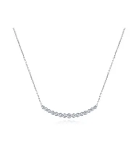 14K White Gold Curved Bar Necklace with Bezel Set Round Diamonds