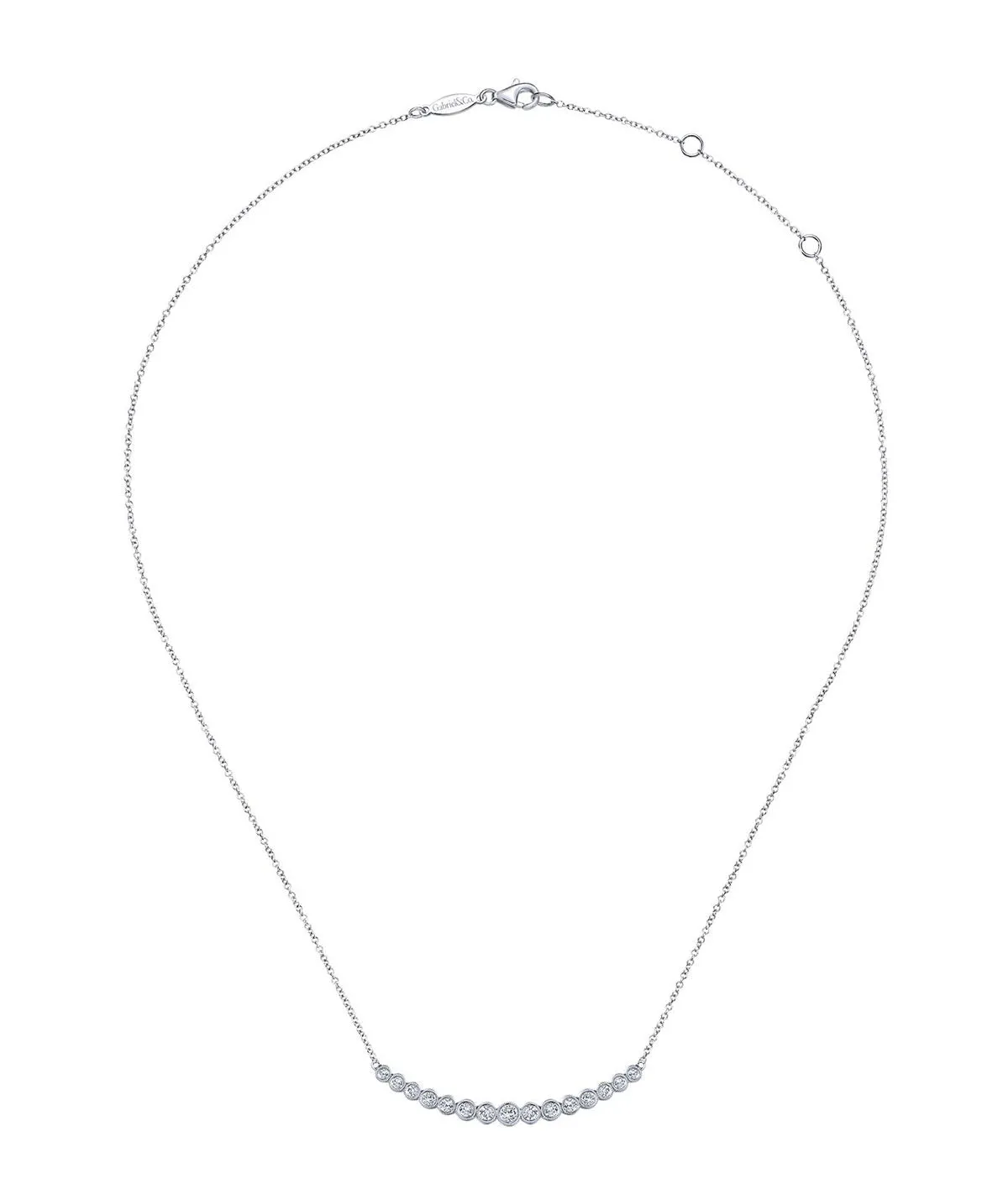 14K White Gold Curved Bar Necklace with Bezel Set Round Diamonds