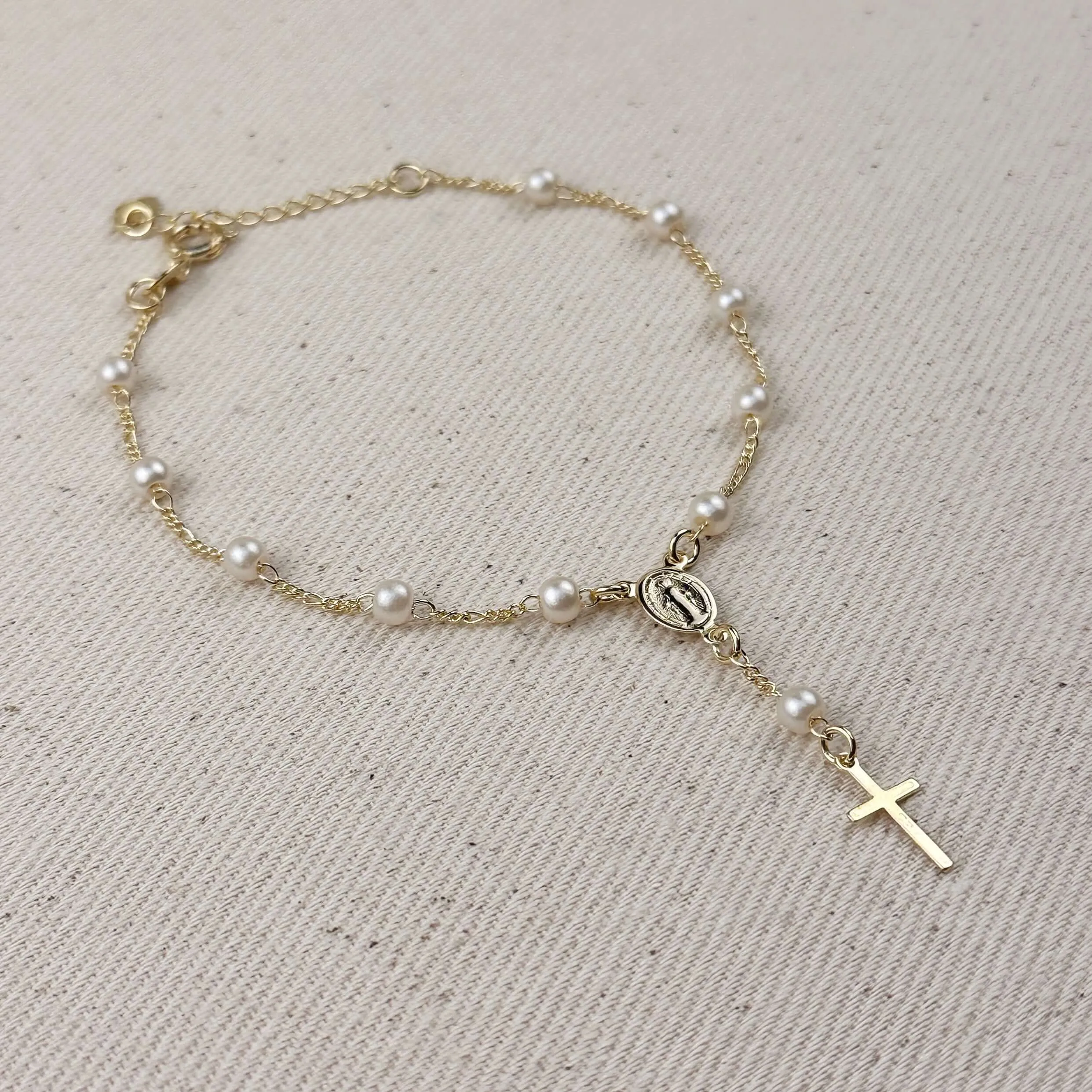 18k Gold Filled Pearl & Figaro Rosary Bracelet