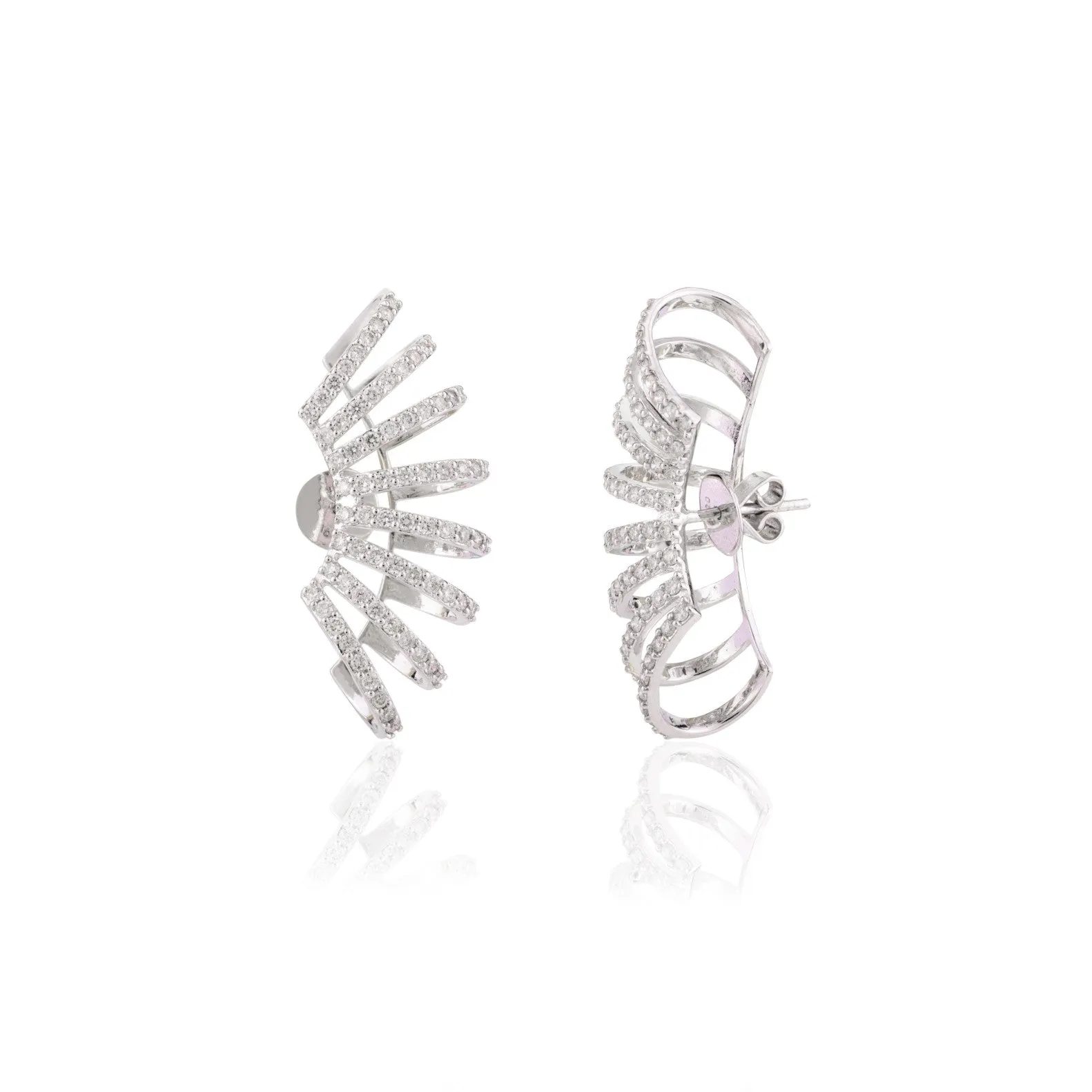 18K Solid White Gold Cocktail Climber Diamond Cuff Earrings