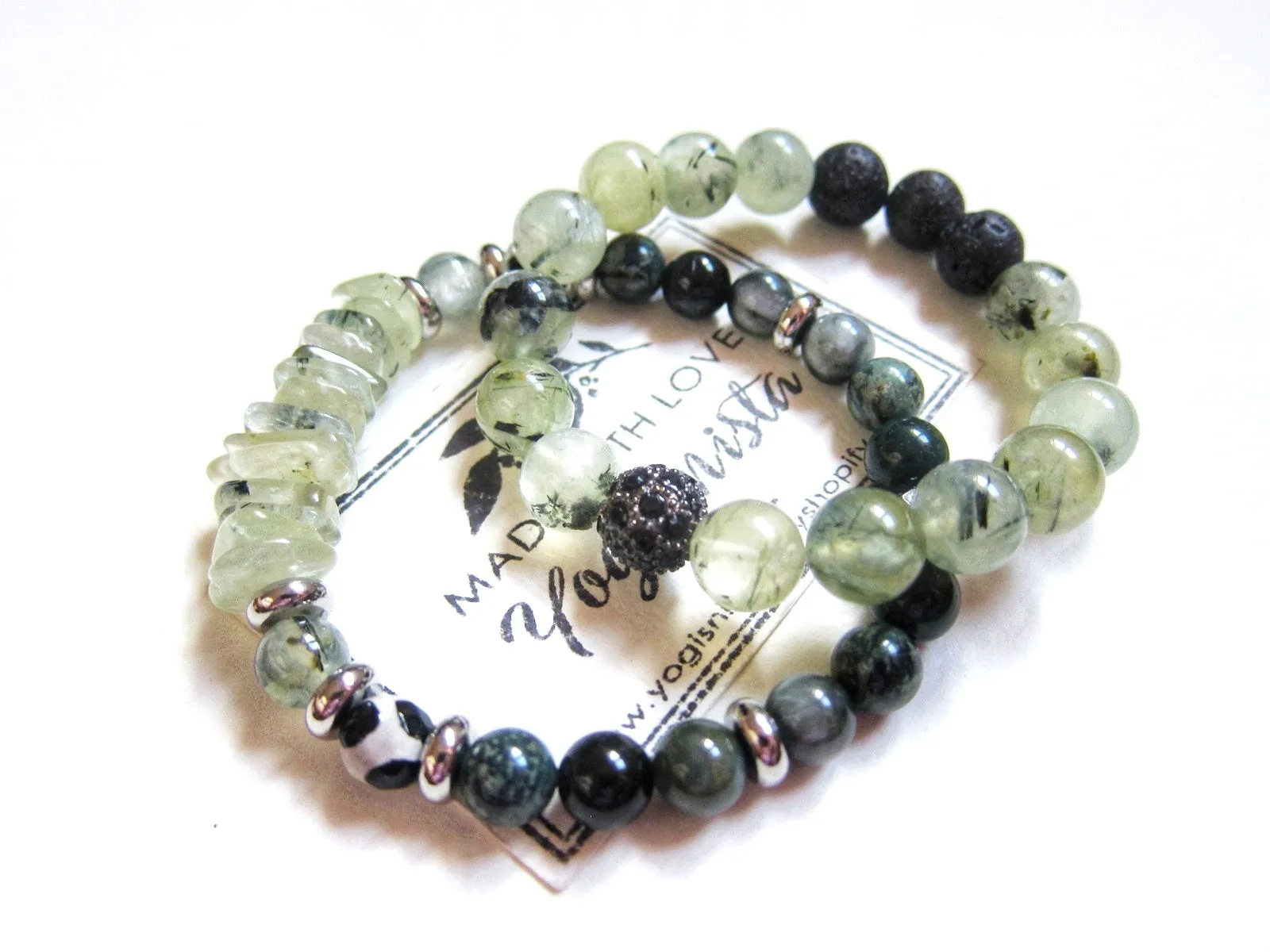 2 piece set - Prehnite, Green Bloodstone, Green Serpentine Jasper Mala Bracelets