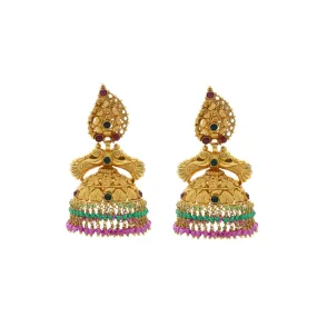 22K Yellow Gold Jhumka Earrings W/ Ruby and Emerald in Crystalized Design