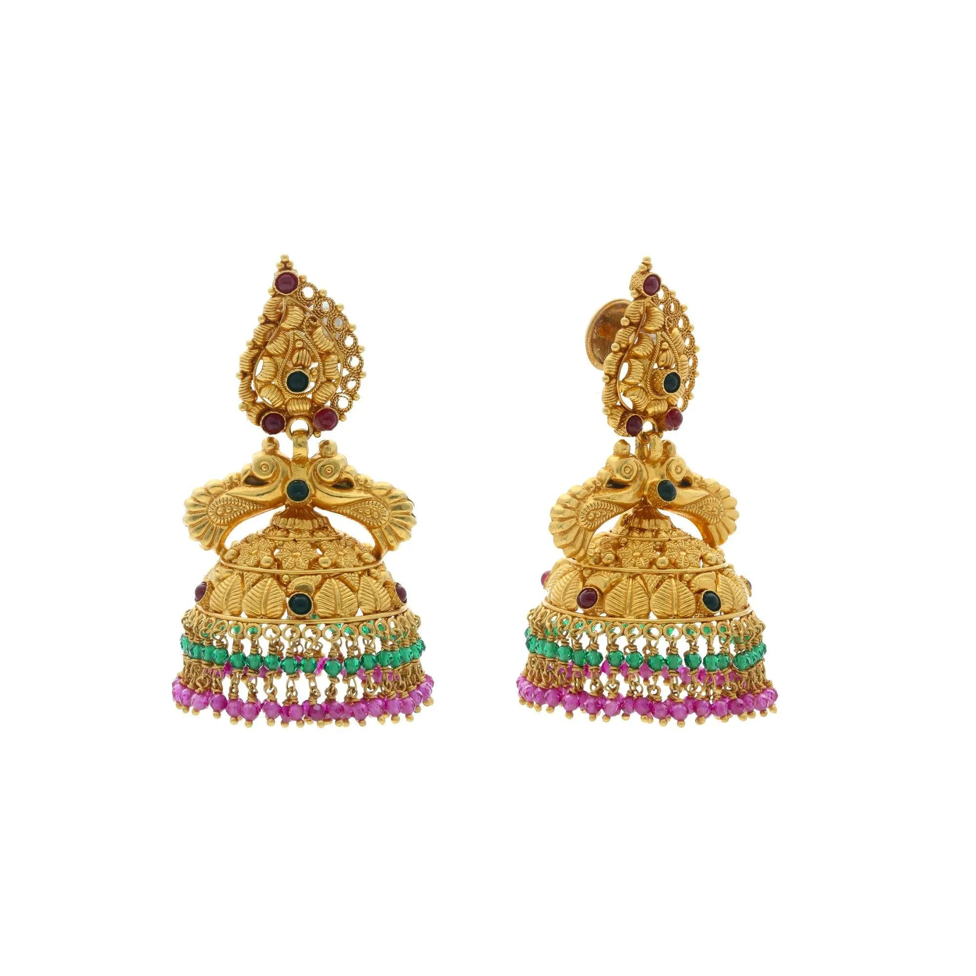 22K Yellow Gold Jhumka Earrings W/ Ruby and Emerald in Crystalized Design