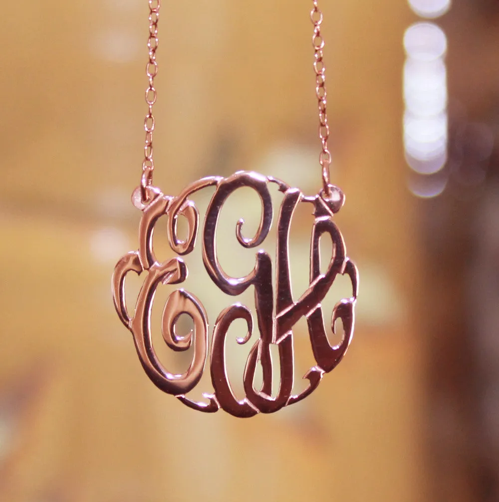 24K Rose Gold Plated Fancy Script Monogram Necklace-Split Chain