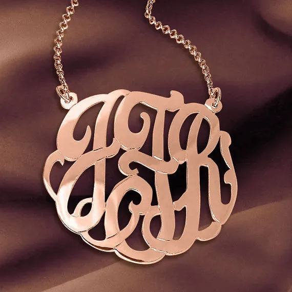 24K Rose Gold Plated Fancy Script Monogram Necklace-Split Chain