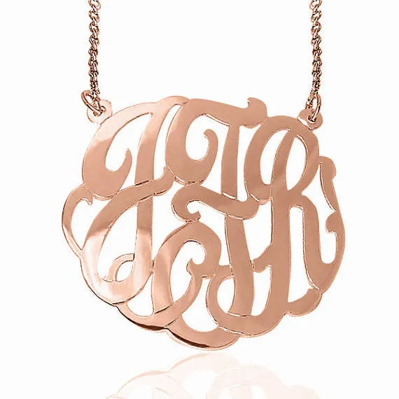 24K Rose Gold Plated Fancy Script Monogram Necklace-Split Chain