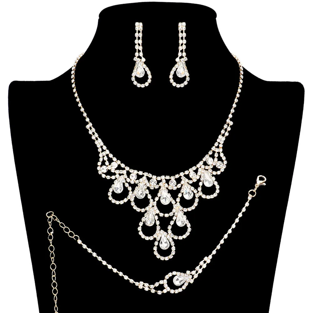 3PCS Teardrop Stone Accented Rhinestone Necklace Jewelry Set