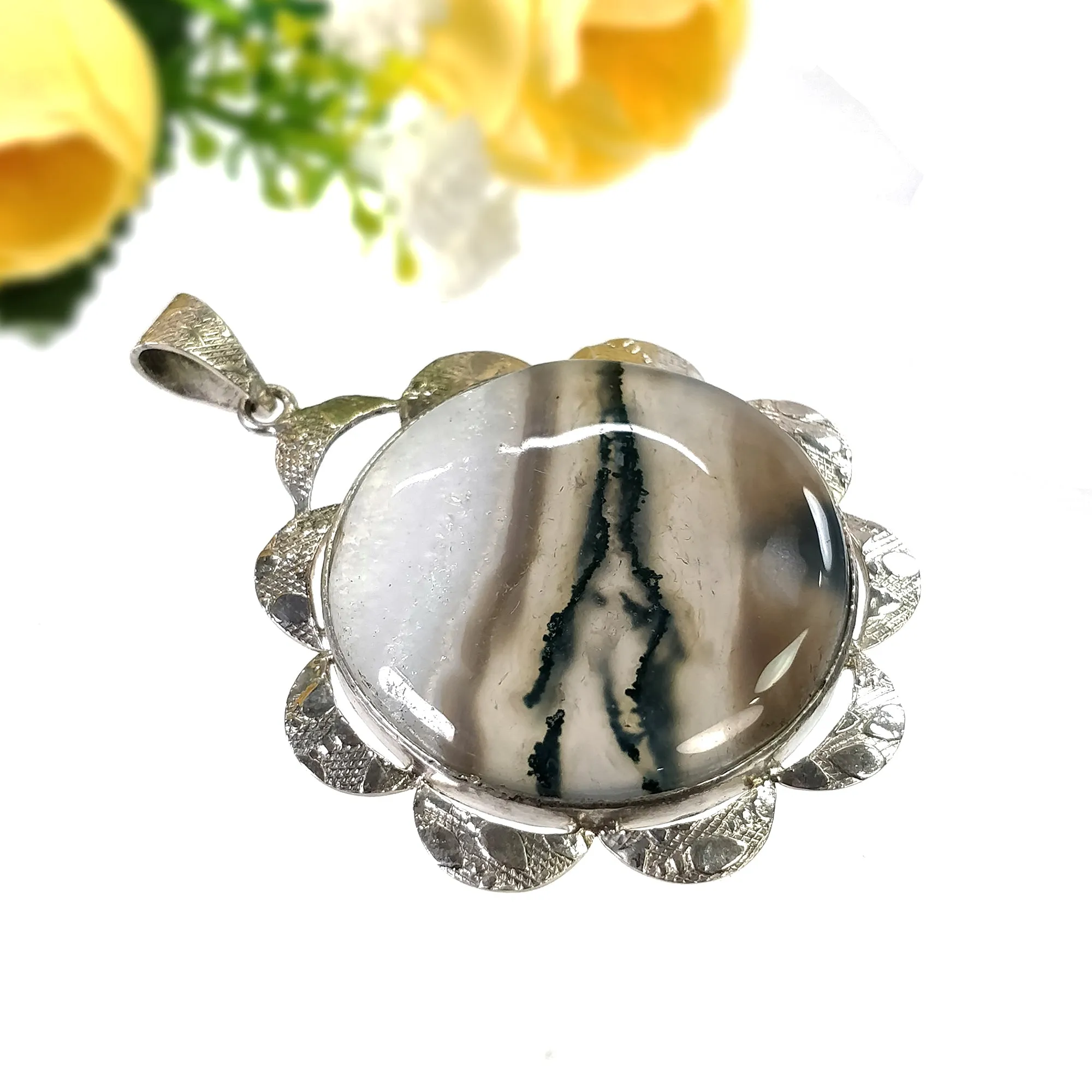 925 Sterling Silver PENDANT : 21.92gms Natural BOTSWANA AGATE Gemstone Round Shape Bezel Set Pendant 2.35"