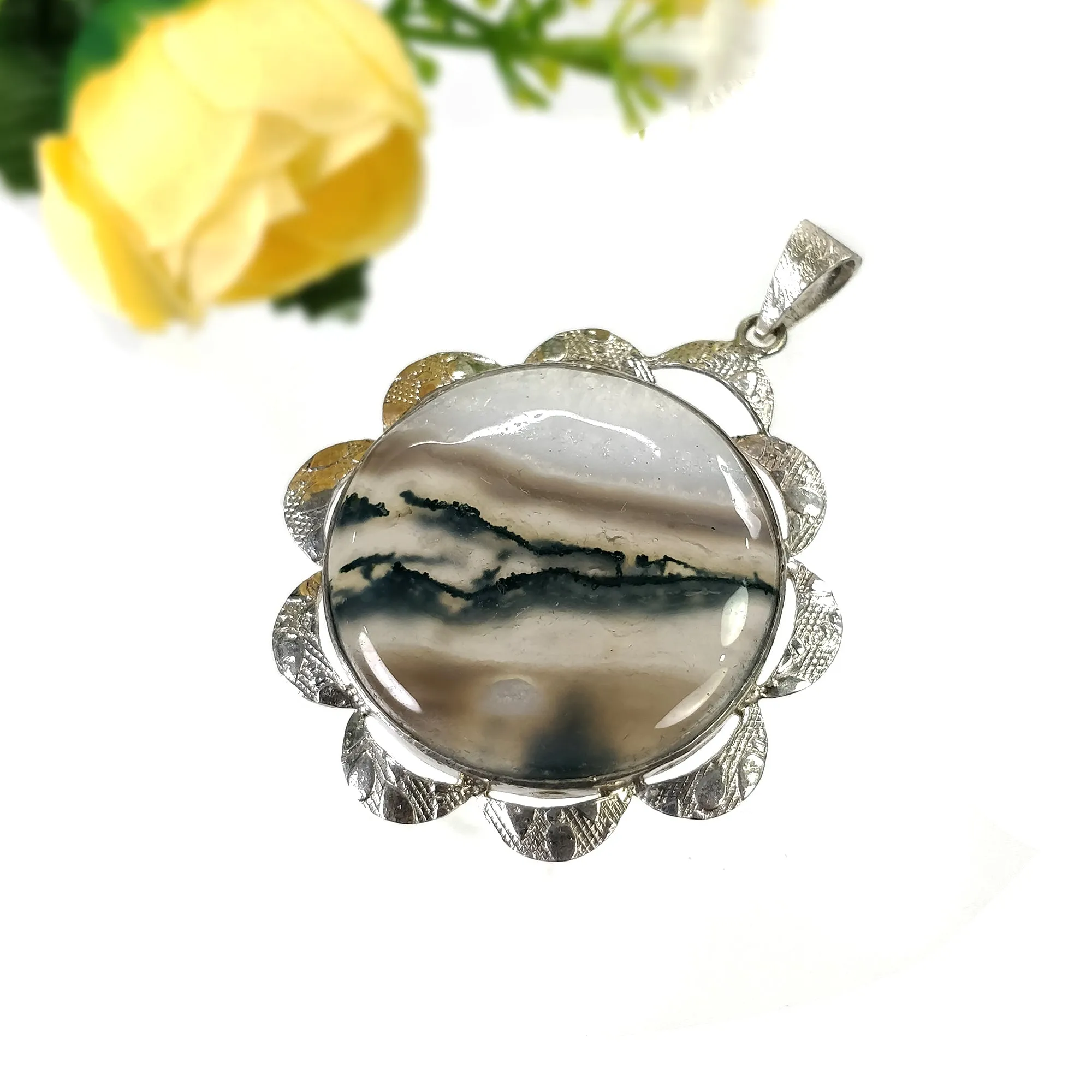 925 Sterling Silver PENDANT : 21.92gms Natural BOTSWANA AGATE Gemstone Round Shape Bezel Set Pendant 2.35"