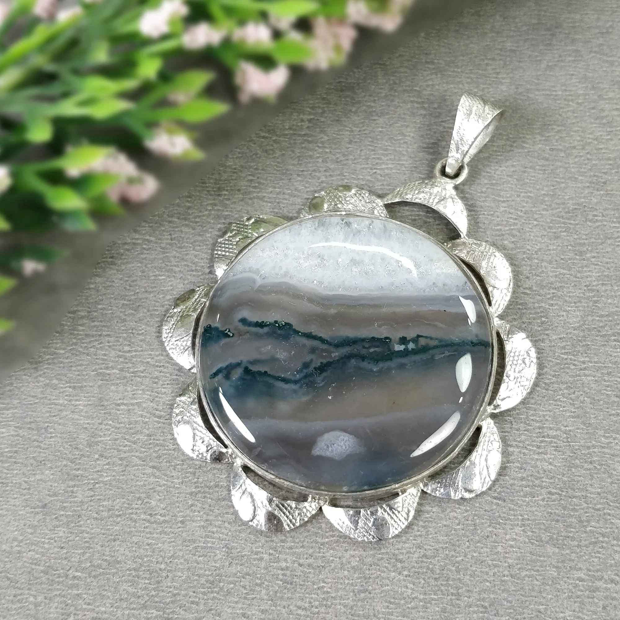 925 Sterling Silver PENDANT : 21.92gms Natural BOTSWANA AGATE Gemstone Round Shape Bezel Set Pendant 2.35"