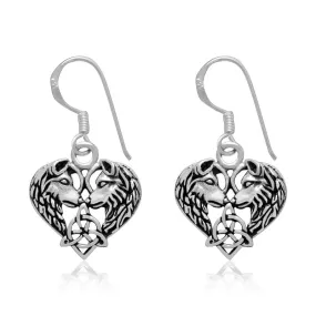 925 Sterling Silver Wolf Head Heart Earrings