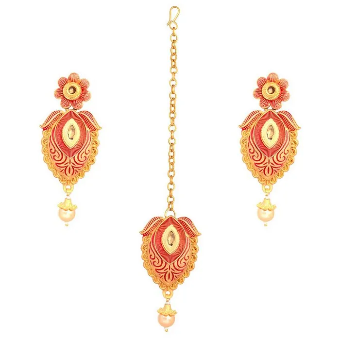 Alloy Choker Necklace Set with Earrings and Maang Tikka in Red