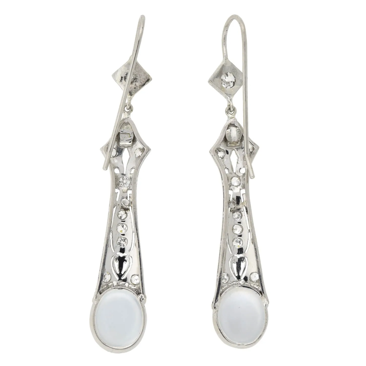 Art Deco Platinum Diamond   Moonstone Drop Earrings 1.10ctw