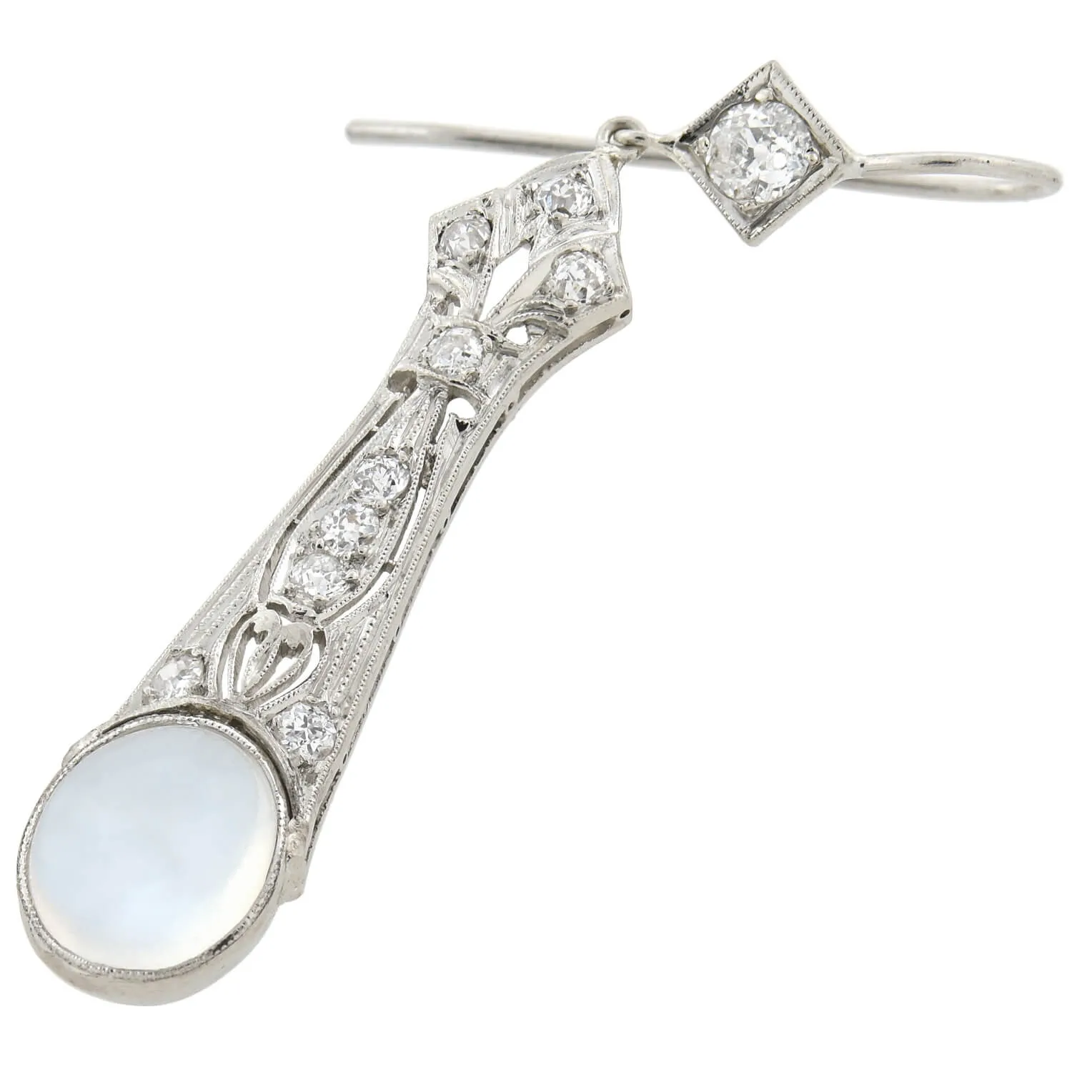 Art Deco Platinum Diamond   Moonstone Drop Earrings 1.10ctw