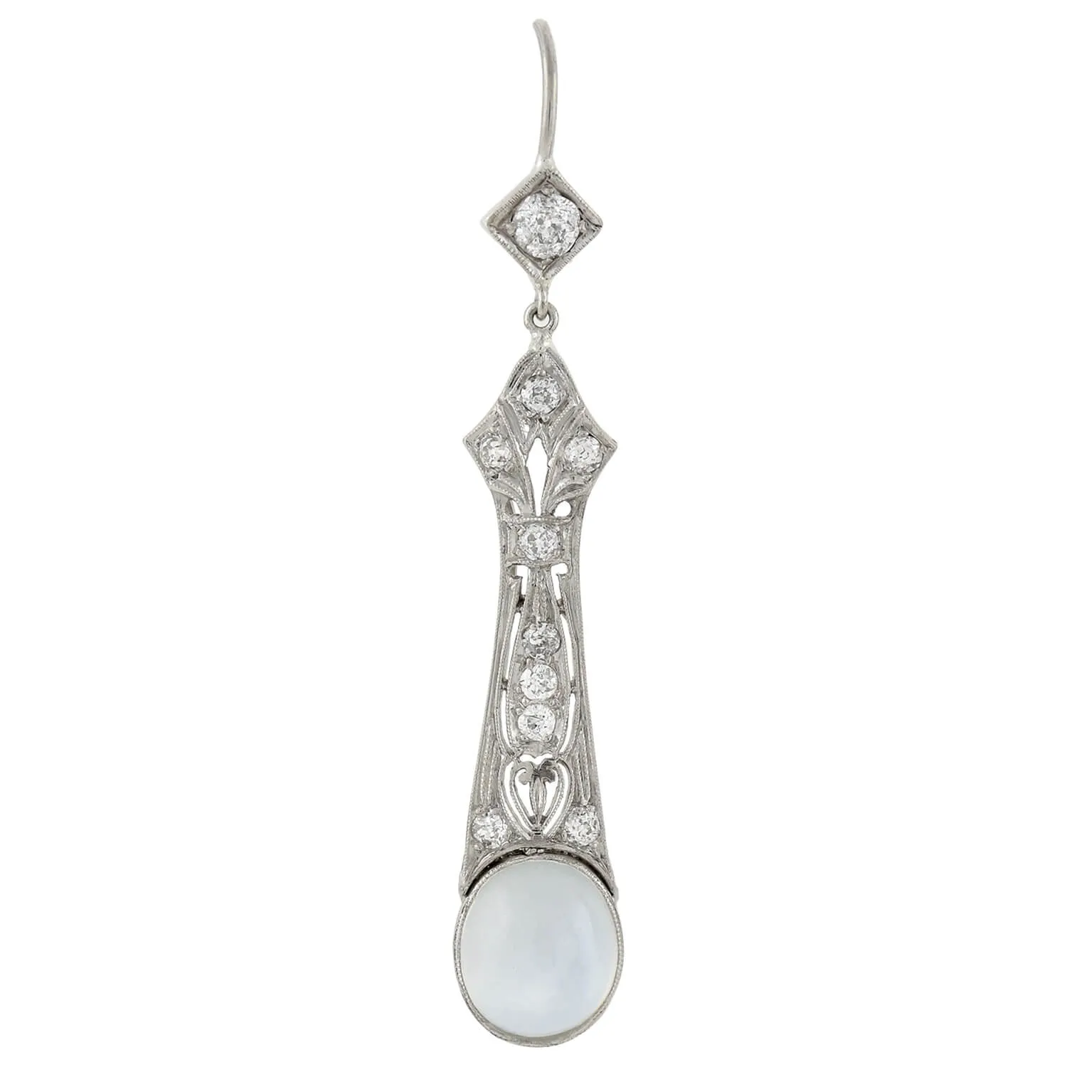 Art Deco Platinum Diamond   Moonstone Drop Earrings 1.10ctw