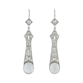 Art Deco Platinum Diamond   Moonstone Drop Earrings 1.10ctw