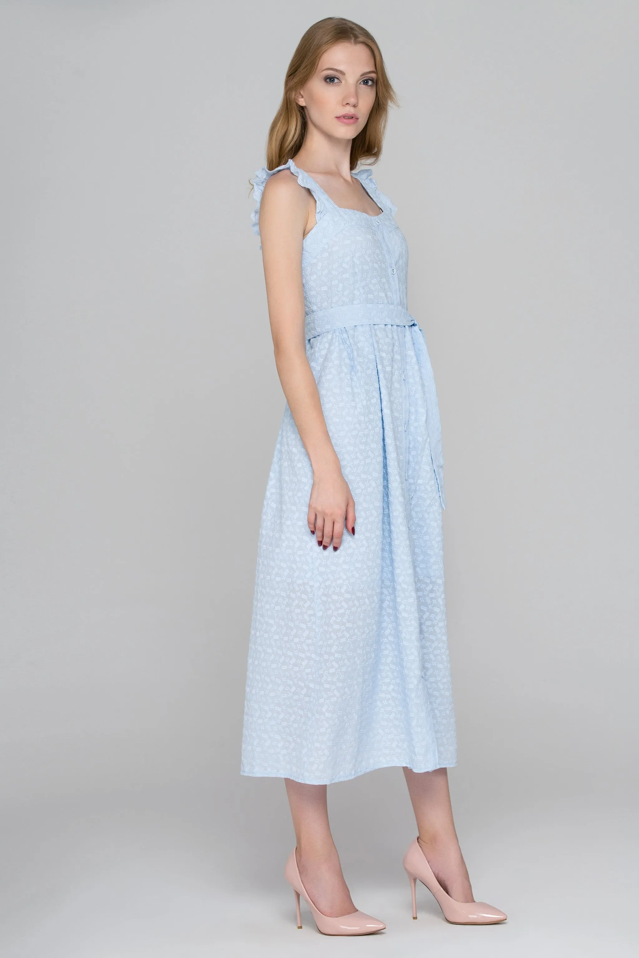 Baby Blue Eyelet Button Up Midi Dress