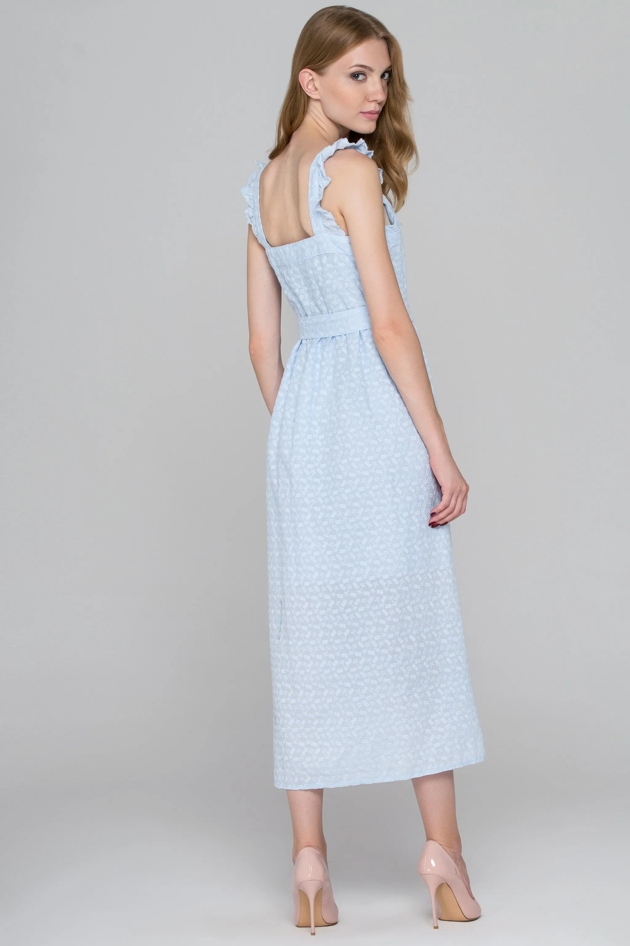 Baby Blue Eyelet Button Up Midi Dress