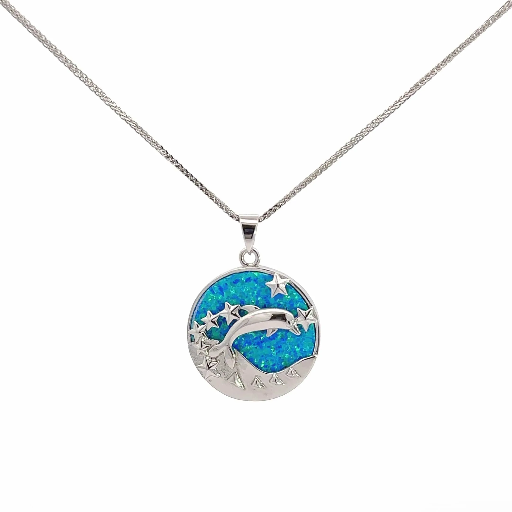 Baikalla Sterling Silver Lab-Made Opal Star Dolphin Bezel Pendant Necklace