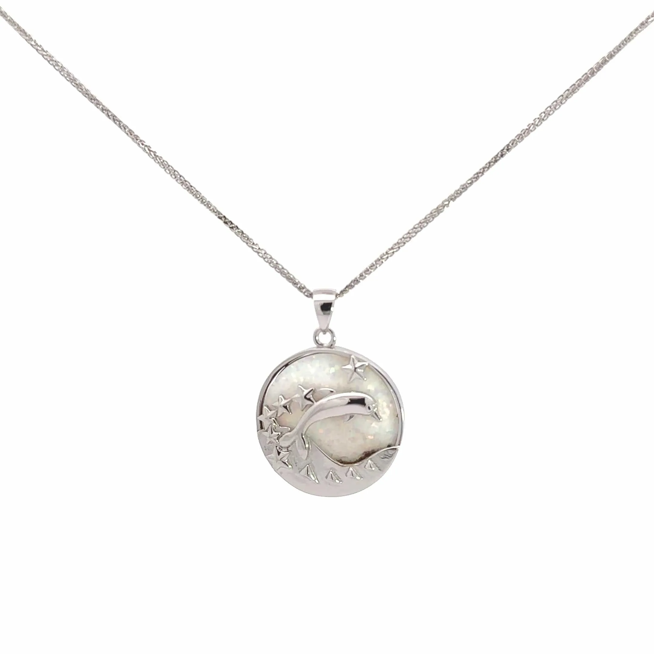 Baikalla Sterling Silver Lab-Made Opal Star Dolphin Bezel Pendant Necklace