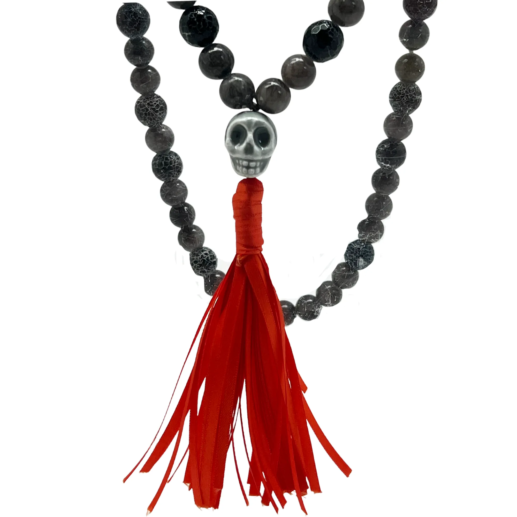 Beaded Skull with Orange Tassel Necklace