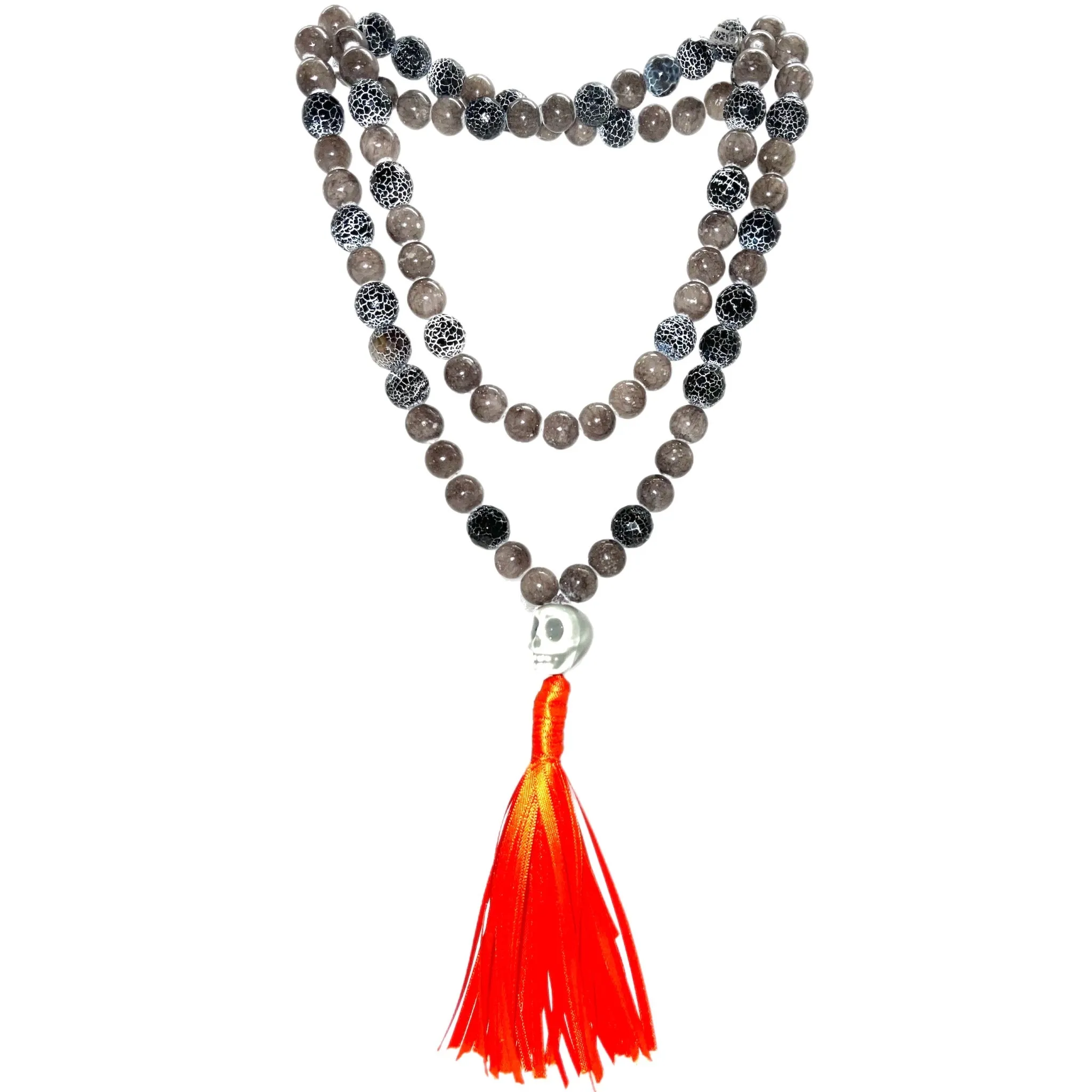 Beaded Skull with Orange Tassel Necklace