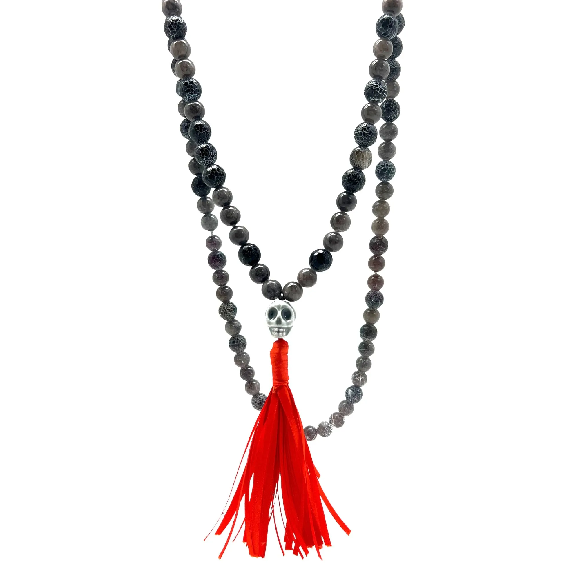 Beaded Skull with Orange Tassel Necklace