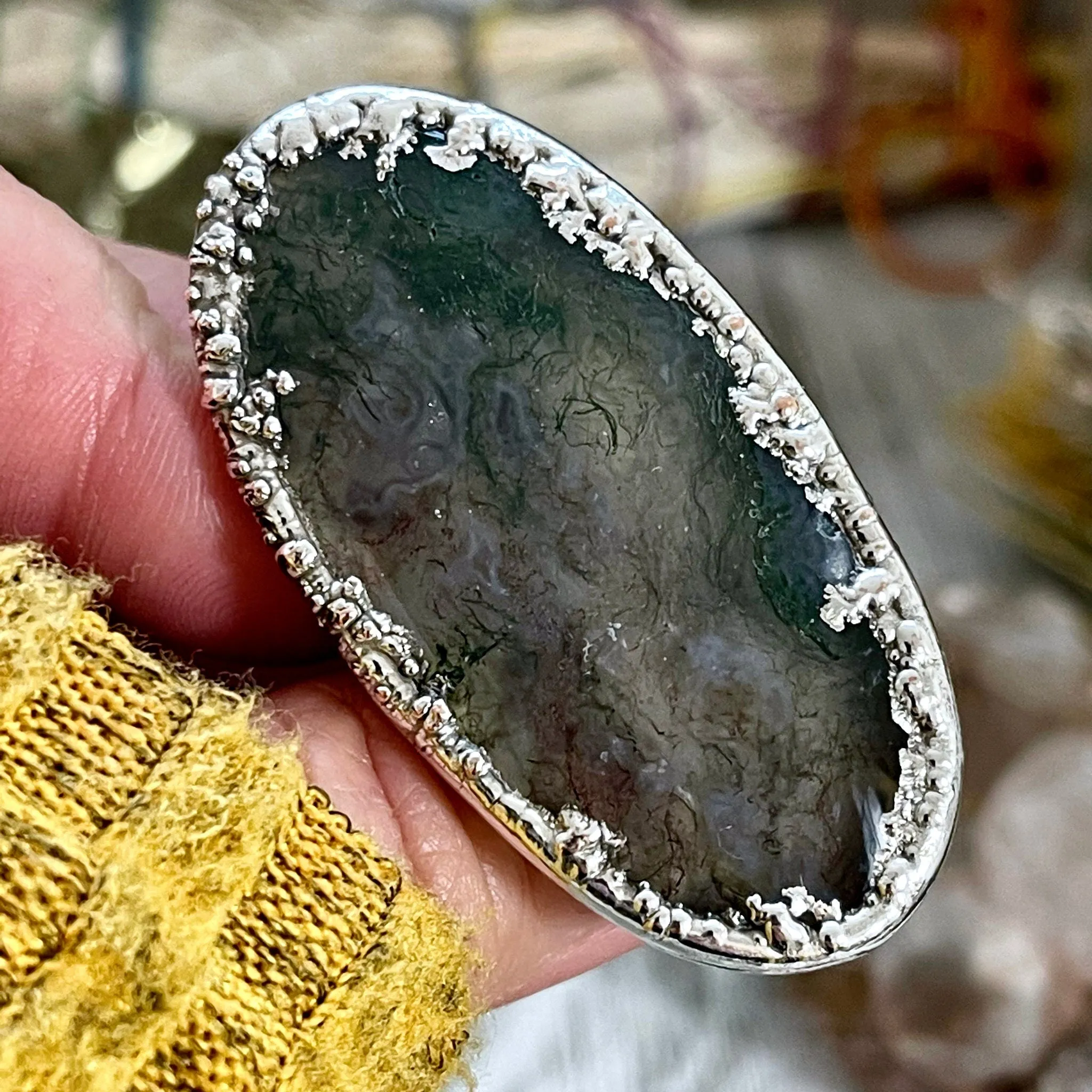 Big Size 8 Silver Natural Fancy Moss Agate Crystal Statement Ring / Foxlark Collection - One of a Kind