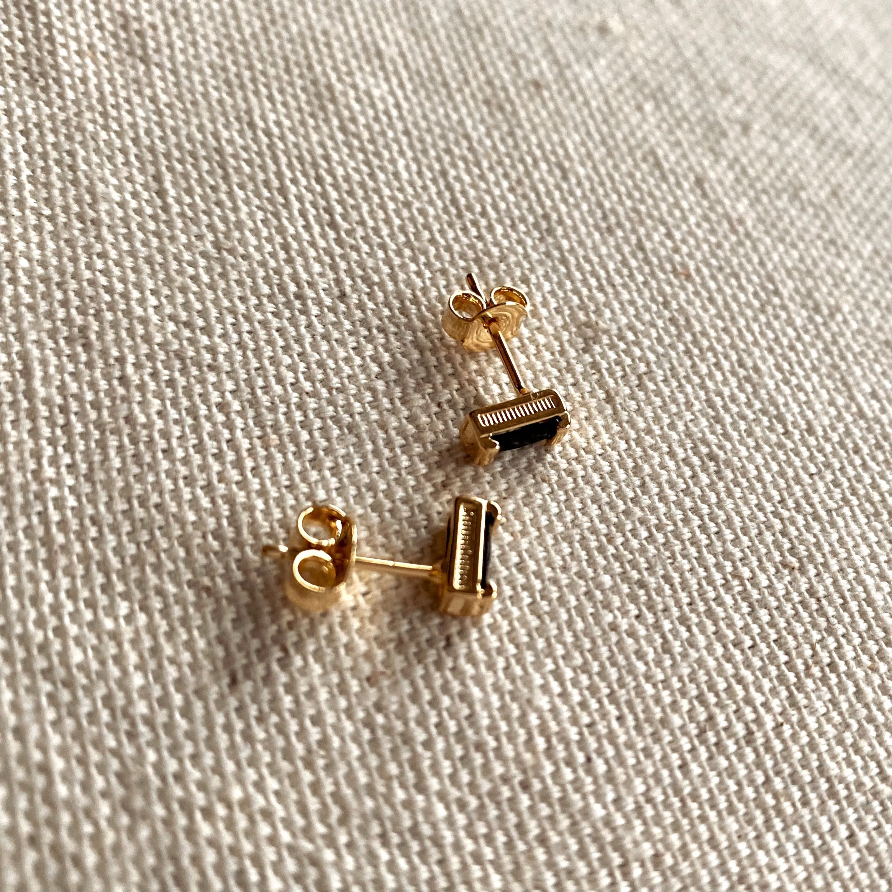 Black Cubic Zirconia Baguette Stud Earrings In 18k Gold Filled