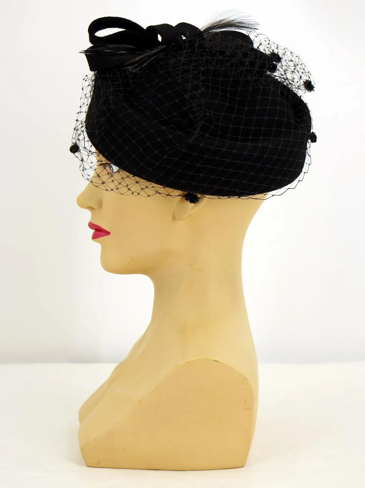 Black Vintage Style Loop Bow Pillbox Hat