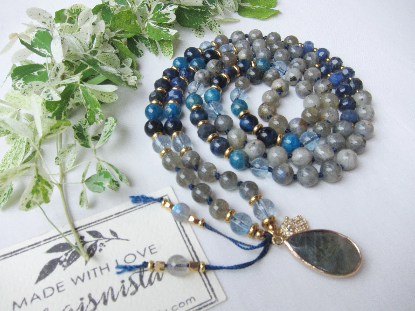 Blue Apatite, Sodalite, Rainbow Labradorite 108 Prayer Beads Mala Necklace