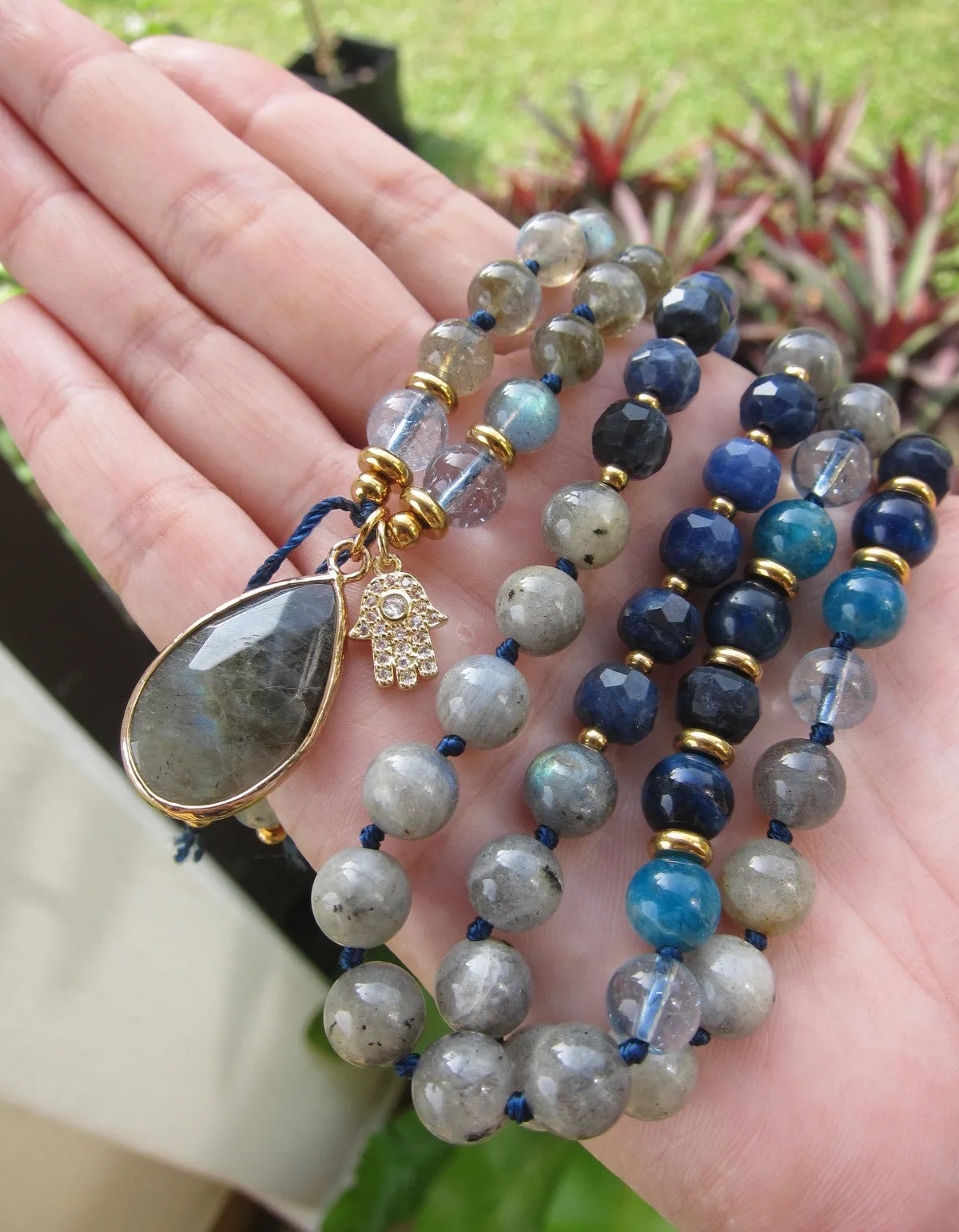 Blue Apatite, Sodalite, Rainbow Labradorite 108 Prayer Beads Mala Necklace