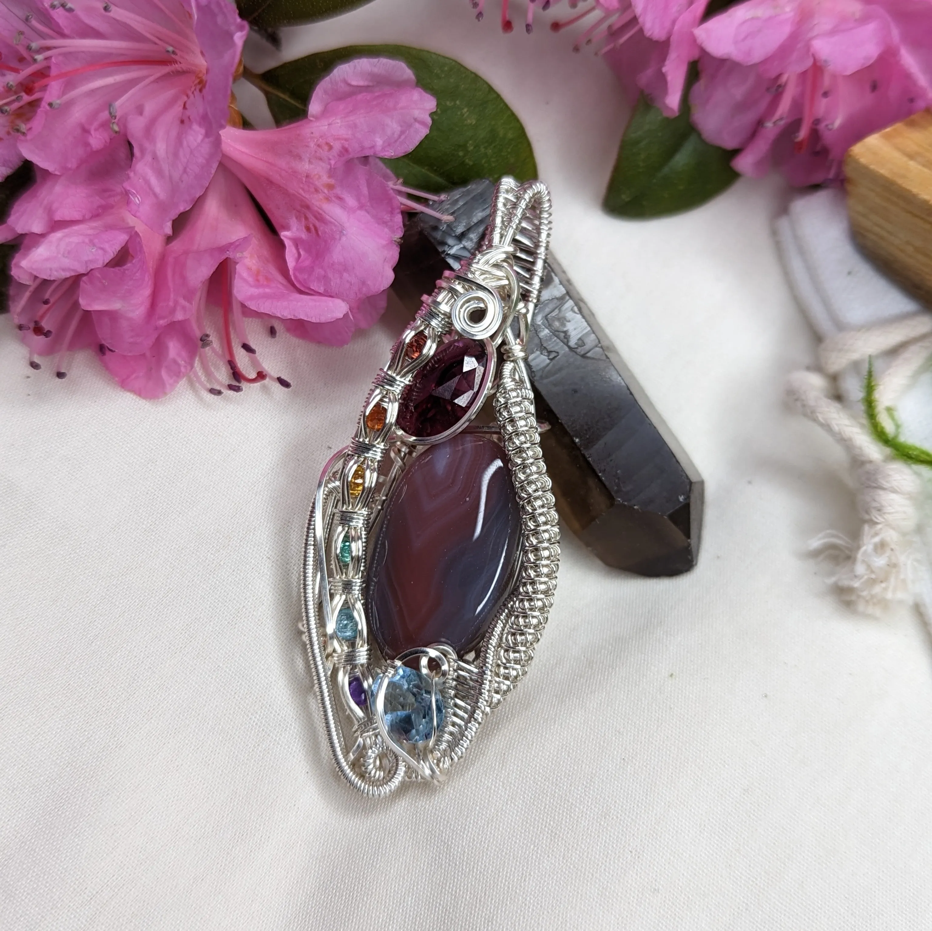 Botswana Agate Pendant with Garnet, Blue Topaz with a Rainbow Channel Setting ~ Wire Wrapped~ Includes Silver Chain