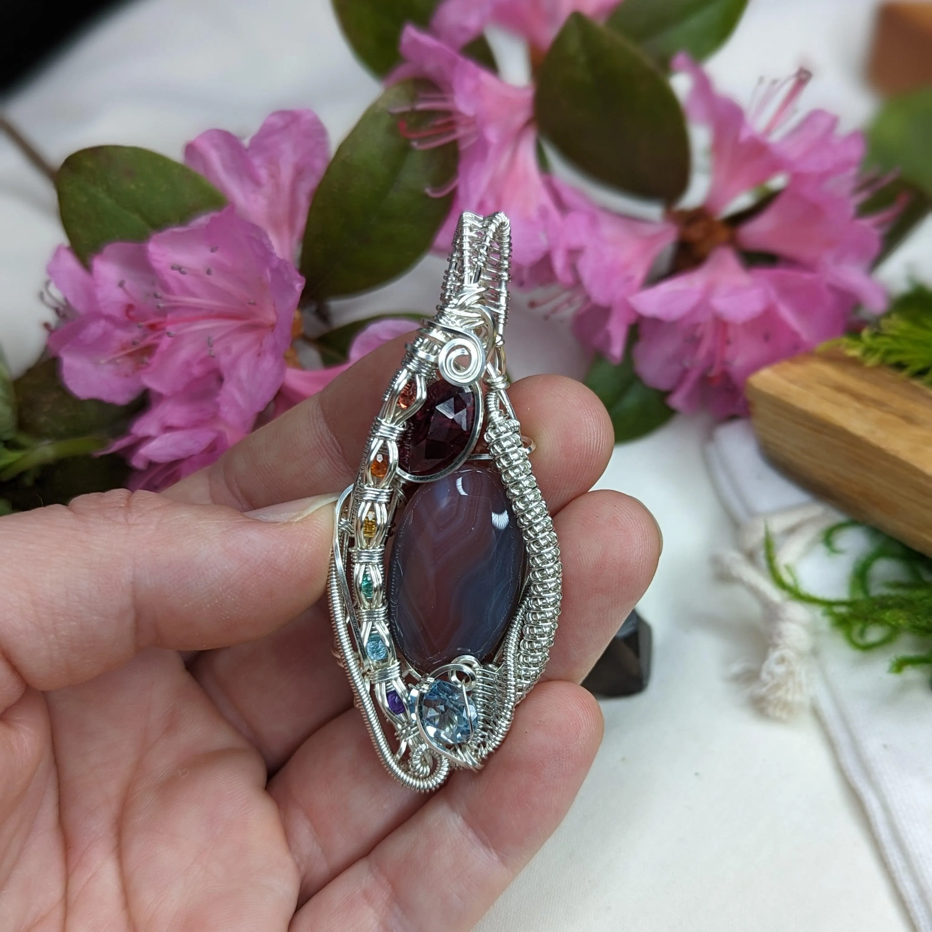 Botswana Agate Pendant with Garnet, Blue Topaz with a Rainbow Channel Setting ~ Wire Wrapped~ Includes Silver Chain