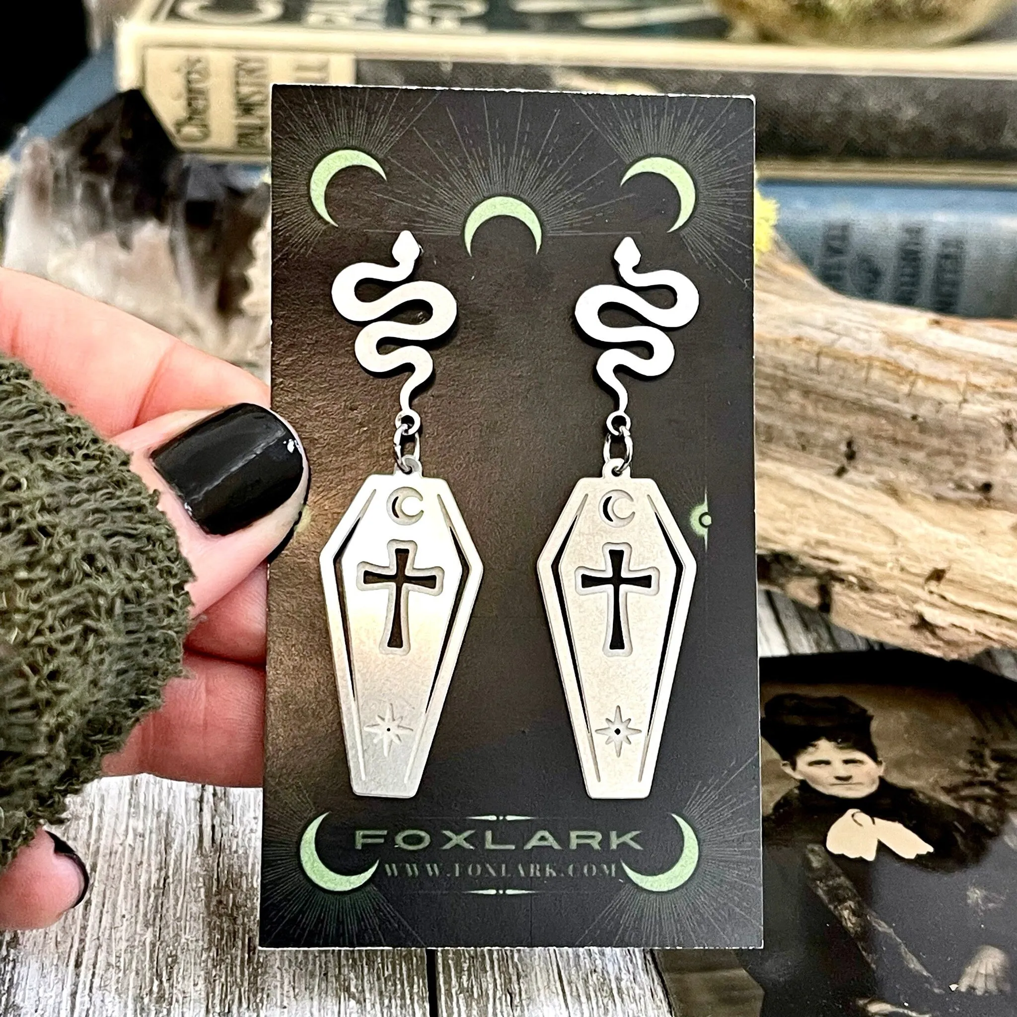 Coffin and Snake Earrings in Stainless Steel Earrings / Hypoallergenic Gothic Earring