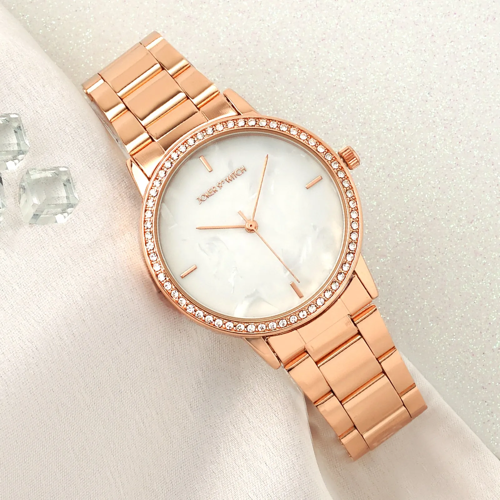 Comet MOP Dial Rhinestone Rosegold Metallic Strap Watch