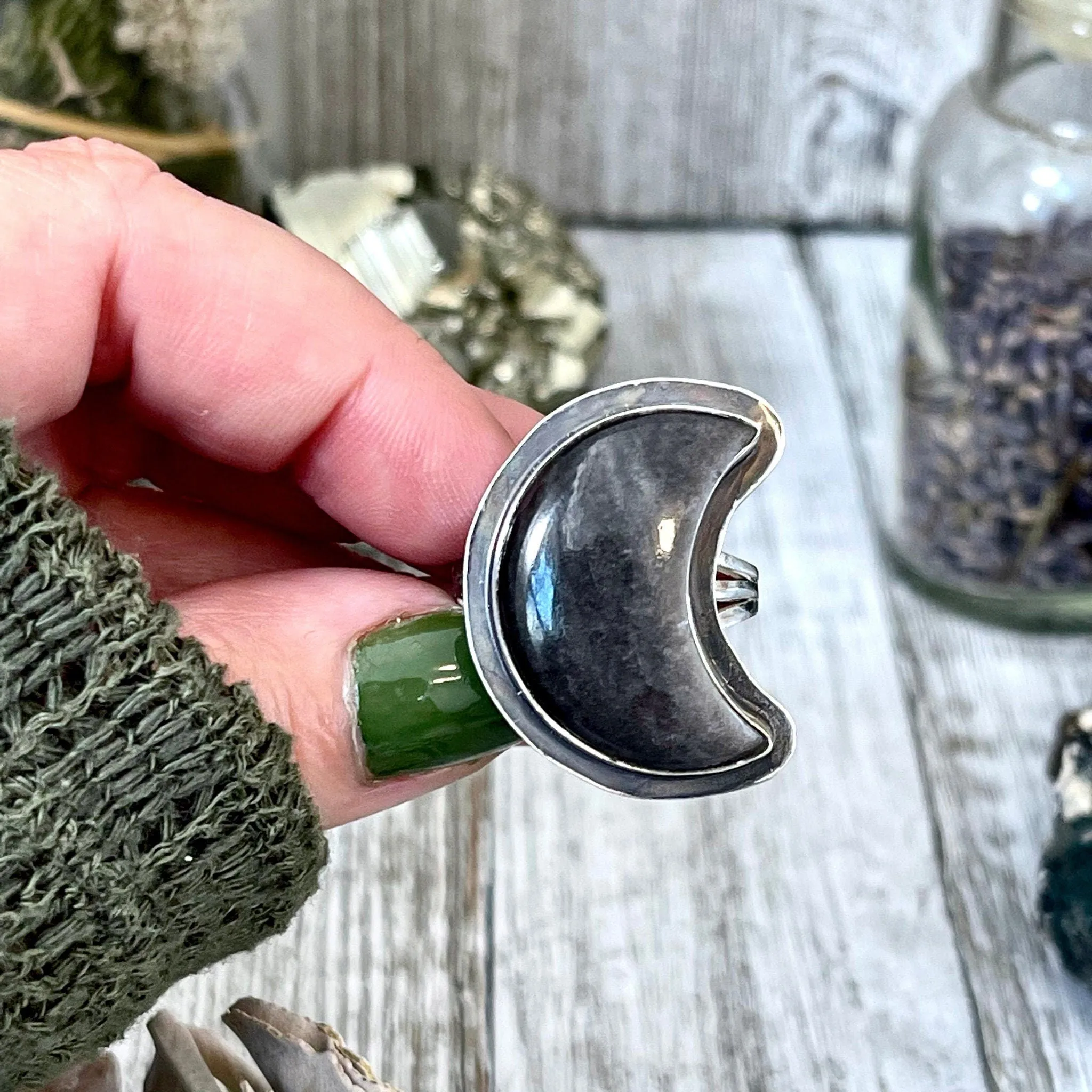 Crescent Moon Silver Sheen Obsidian Crystal Ring in Sterling Silver- Designed by FOXLARK Collection Size 5 6 7 8 9 10 11 / Gothic Jewelry