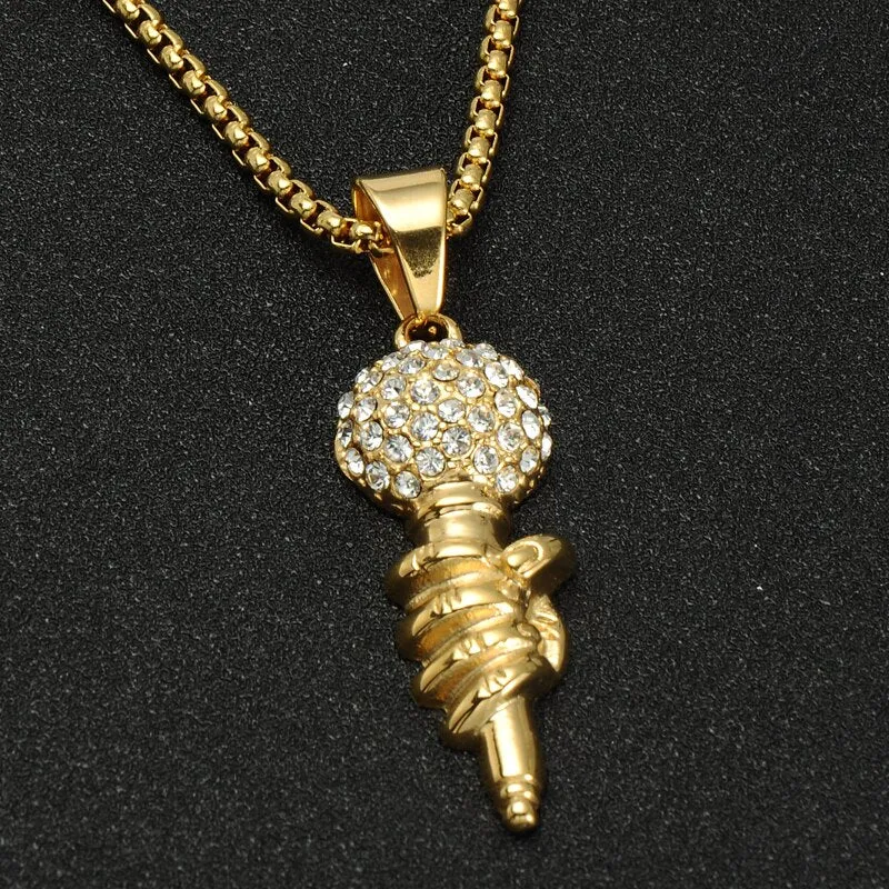 Cubic-Zirconia-Studded Gold-Plated Titanium Microphone Bling Chain Hip-hop Pendant Necklace