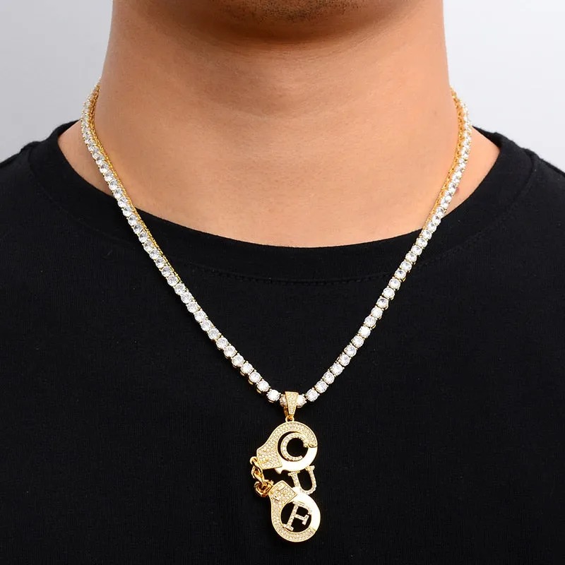 Cubic-Zirconia-Studded Handcuffs Bling Hip-hop Pendant Necklace