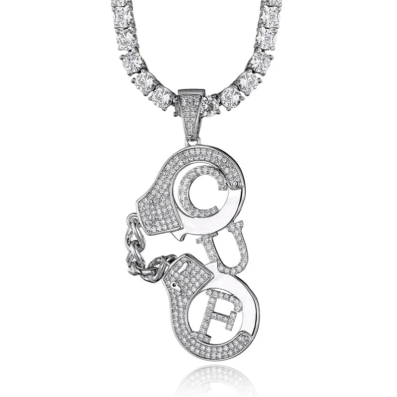 Cubic-Zirconia-Studded Handcuffs Bling Hip-hop Pendant Necklace