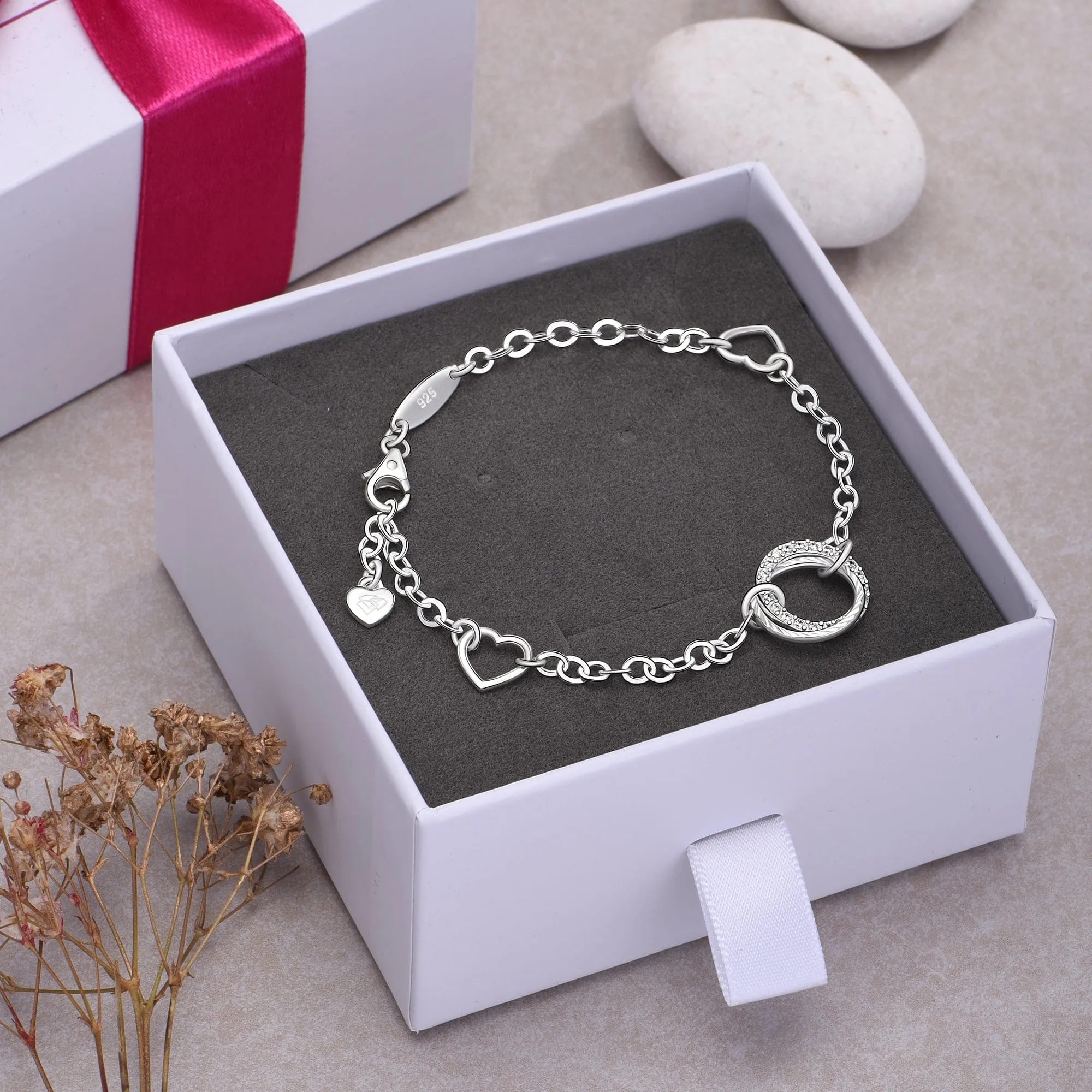 Sterling Silver CZ Circle Mother-Daughter Bracelet with Cubic Zirconia Accents