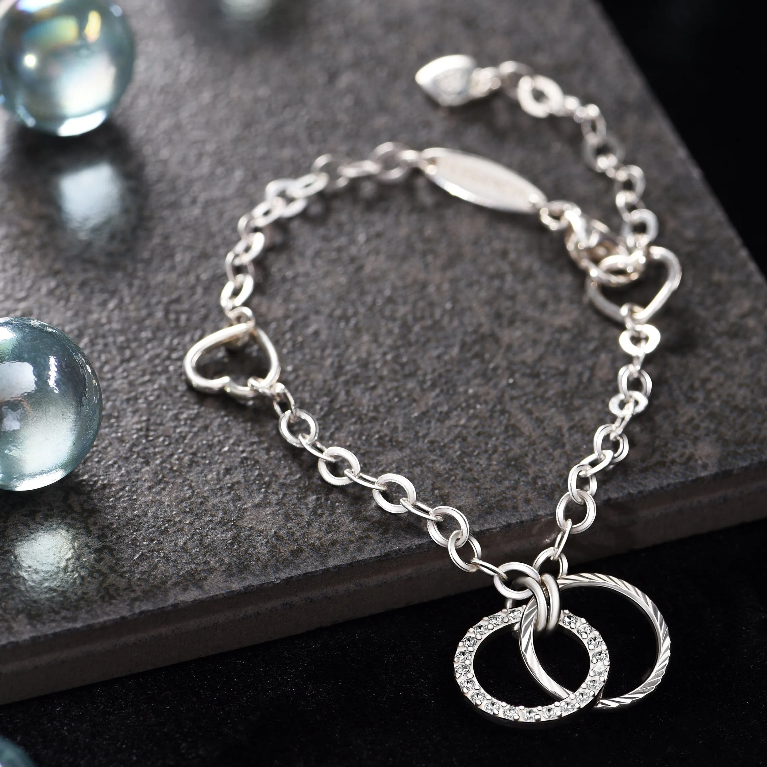 Sterling Silver CZ Circle Mother-Daughter Bracelet with Cubic Zirconia Accents