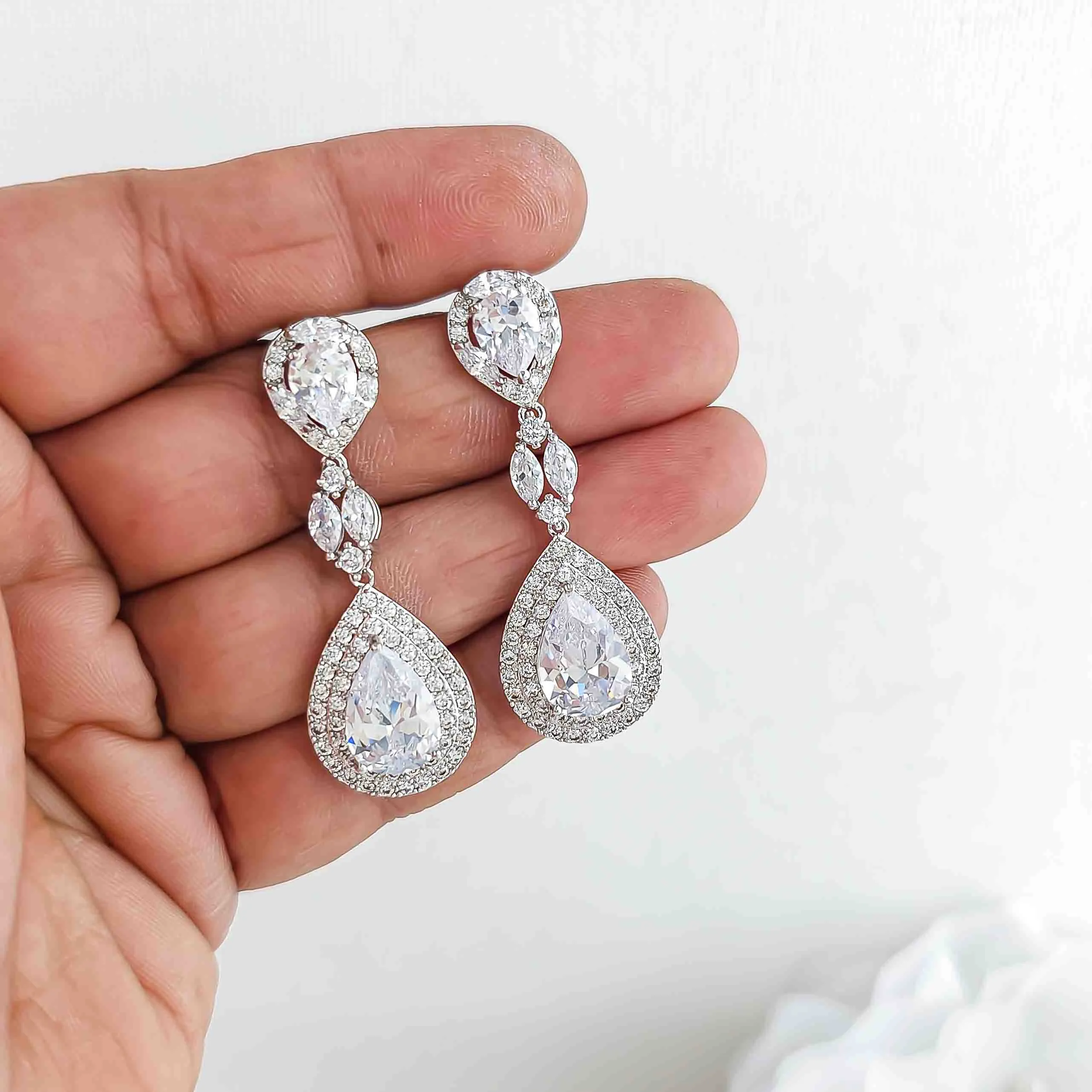 CZ Teardrop Dangling Earrings for Brides-Alba