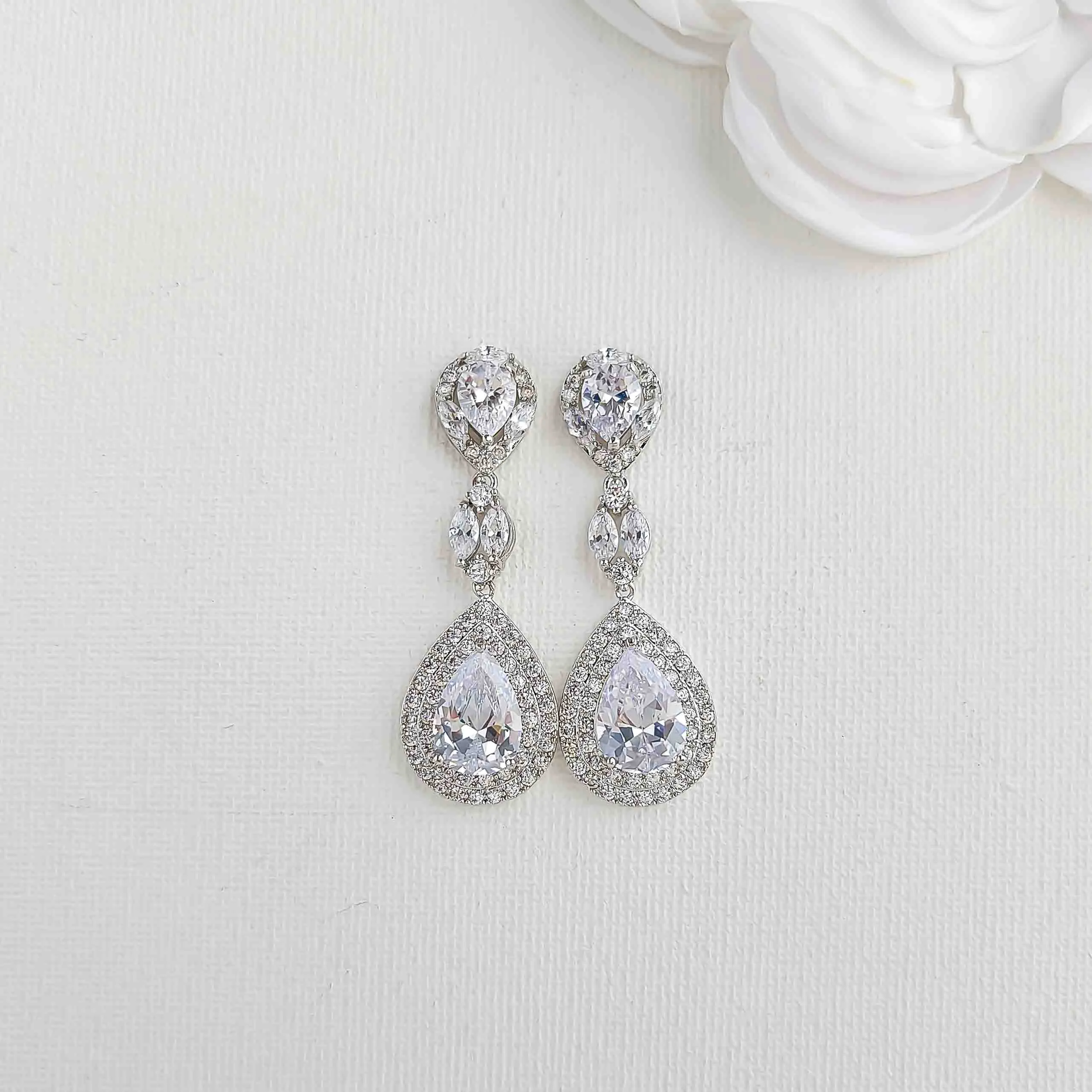 CZ Teardrop Dangling Earrings for Brides-Alba