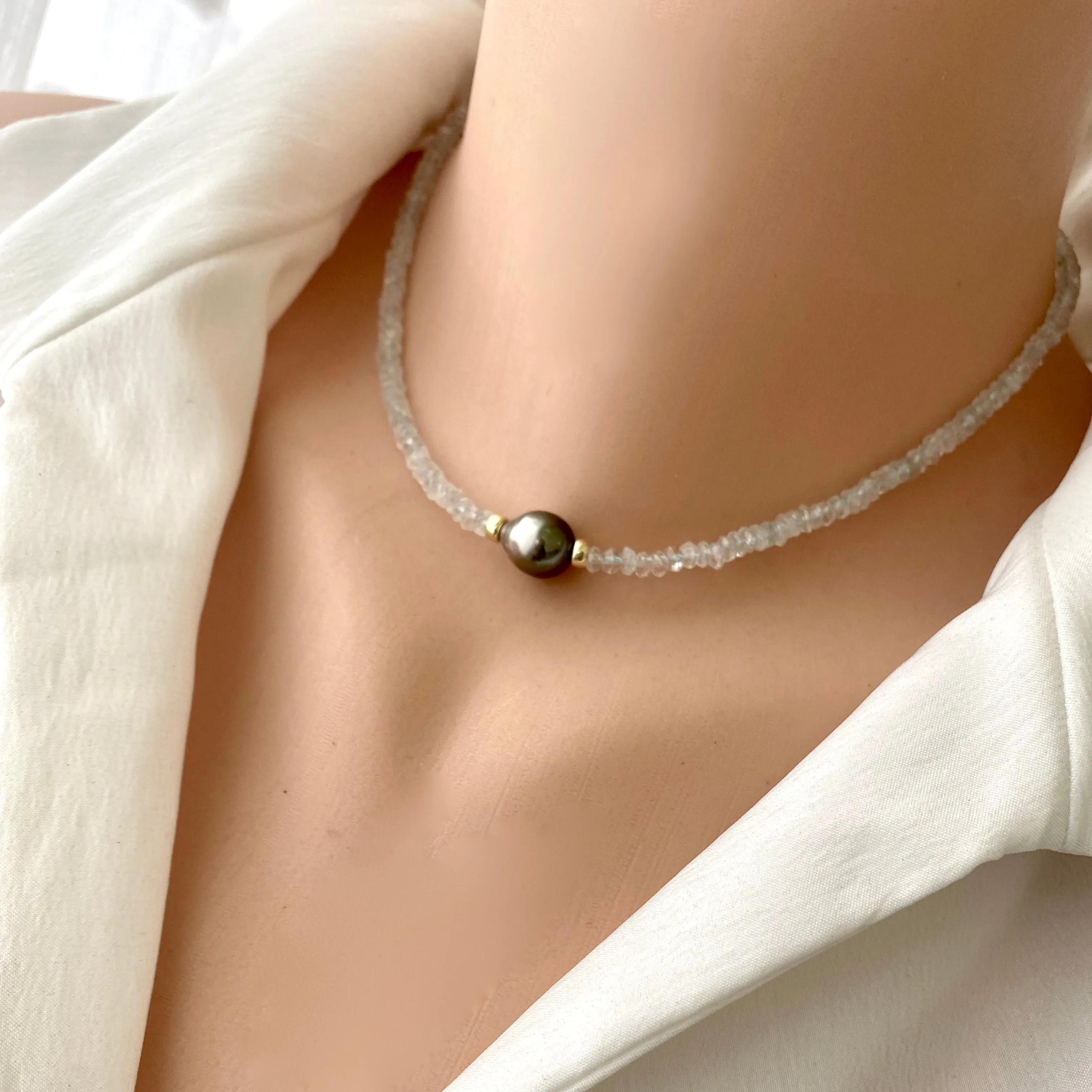 Dainty Light Aquamarine Choker Necklace & Grey Tahitian Baroque Pearl, Gold Filled, 15inch, March Birthstone