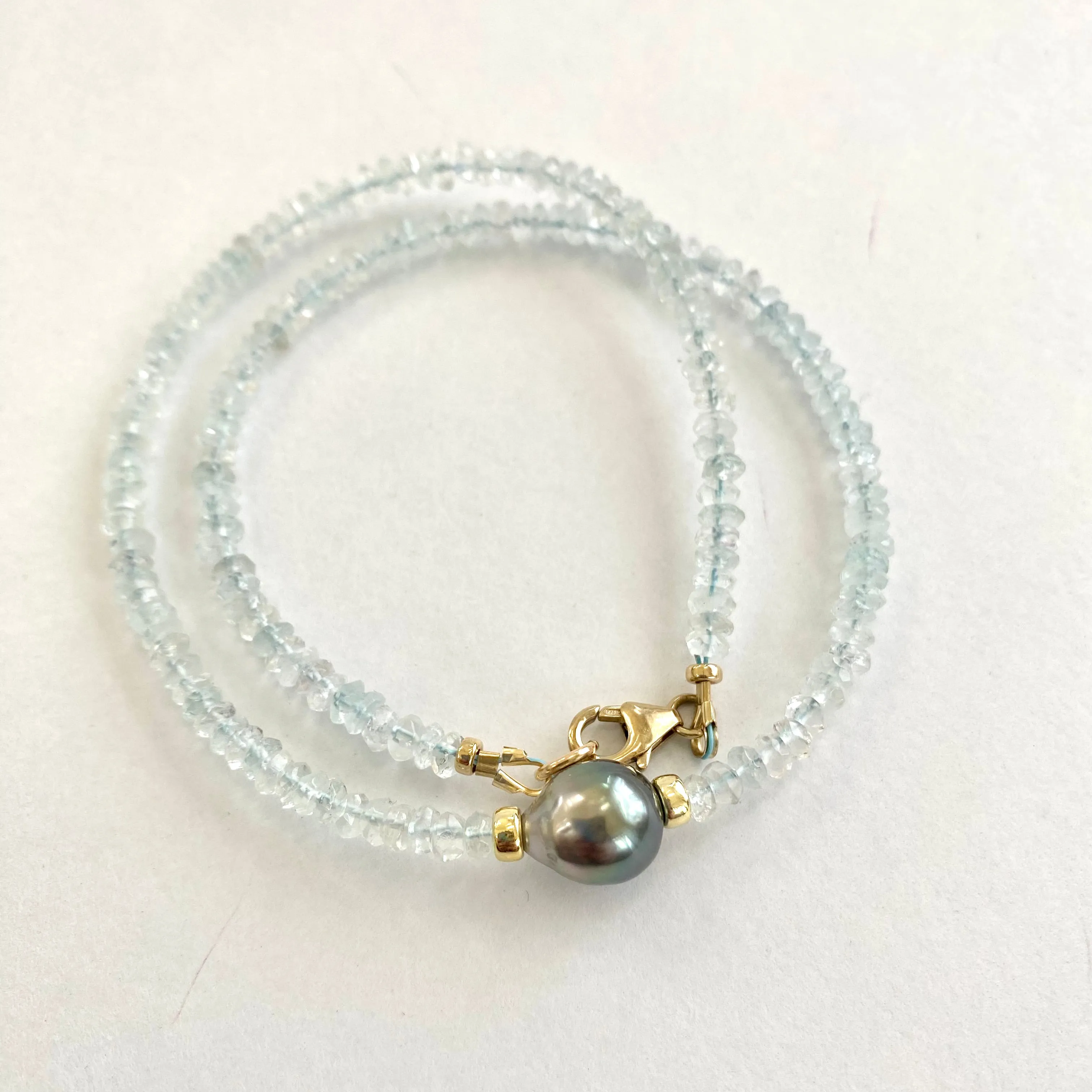 Dainty Light Aquamarine Choker Necklace & Grey Tahitian Baroque Pearl, Gold Filled, 15inch, March Birthstone