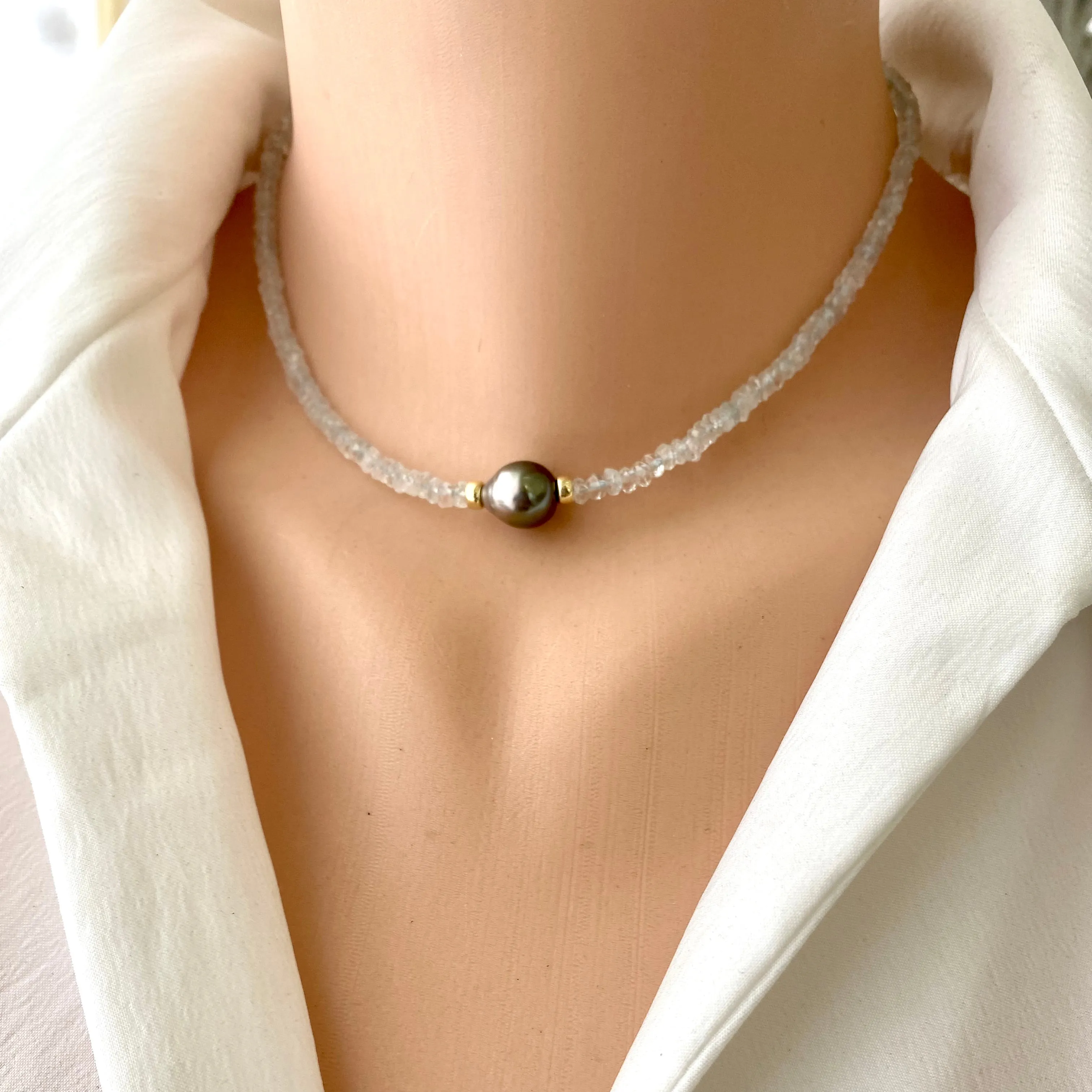 Dainty Light Aquamarine Choker Necklace & Grey Tahitian Baroque Pearl, Gold Filled, 15inch, March Birthstone